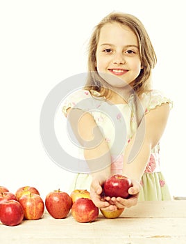 Child or little girl eating apple isolated on white background