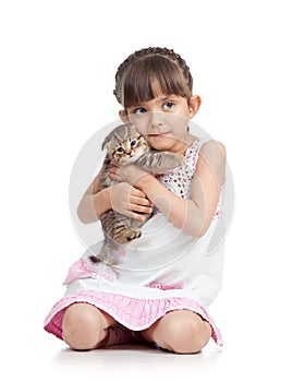 Child little girl hugging kitten. isolated on white background