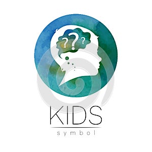 Child logotype with brain and question in blue watercolor brush circle vector. Silhouette profile human head. Concept