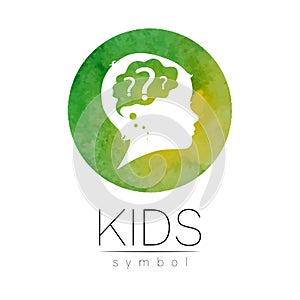 Child logotype with brain and question in green watercolor brush circle vector. Silhouette profile human head. Concept