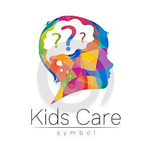 Child logotype with brain and question in rainbow colors, vector. Silhouette profile human head. Concept logo for people