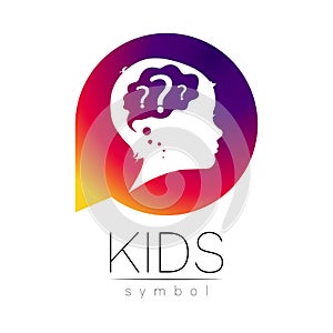 Child logotype with brain and question in violet circle vector. Silhouette profile human head. Concept logo for people