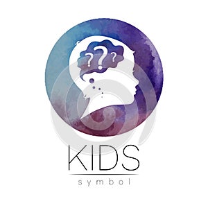 Child logotype with brain and question in violet watercolor brush circle vector. Silhouette profile human head. Concept
