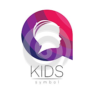 Child logotype in few violet circle colors, vector. Silhouette profile human head. Concept logo for people, children