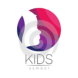 Child logotype in few violet circle colors, vector. Silhouette profile human head. Concept logo for people, children