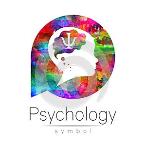 Child logotype with psychology sign in rainbow watercolor circle. Silhouette profile human head. Concept logo for people