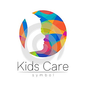 Child logotype in rainbow circle colors, vector. Silhouette profile human head. Concept logo for people, children