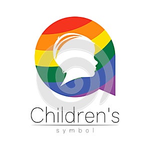Child logotype in rainbow circle colors, vector. Silhouette profile human head. Concept logo for people, children