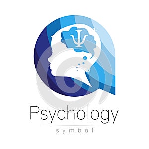 Child logotype in vector with psychology sign in few blue colors circle. Silhouette profile human head. Concept logo for