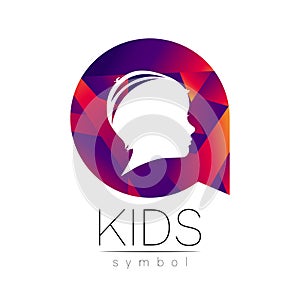 Child logotype in violet circle, vector. Silhouette profile human head. Concept logo for people, children, autism, kids