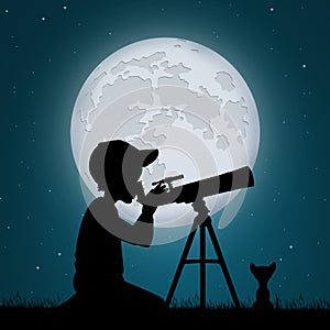 Child look the moon in the telescope