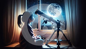 A child looking out the window through a telescope at the night sky with the moon. Cosmonautics Day