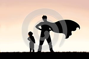 Child Looking up in Admiration to Cape Wearing Superhero Father photo