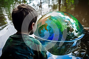 A child looks at himself reflected in the water that has the colours and shape of the earth, global water crisis, AI generated