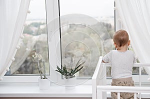 A child looks out the window