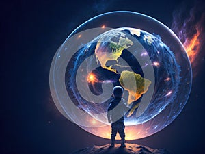 Child is loooking at glowing Planet Earth with fire and polution. World is in our hands. Blue Global Business. Generative Ai