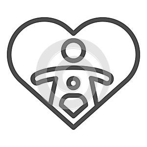 Child love line icon. Mother and baby inside heart shape, woman care symbol, outline style pictogram on white background