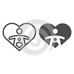 Child love line and solid icon. Mother and baby inside heart shape, woman care symbol, outline style pictogram on white