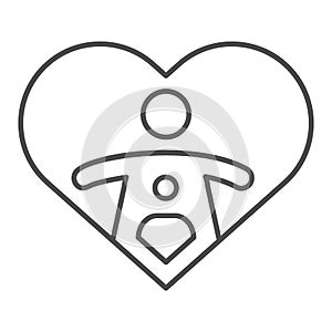 Child love thin line icon. Mother and baby inside heart shape, woman care symbol, outline style pictogram on white