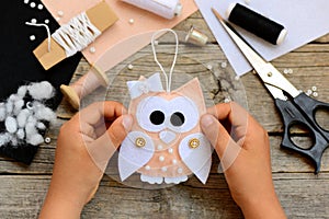 Child made Christmas tree decoration out of felt. Child holds a Christmas tree ornament owl in his hands. Kids workplace concept