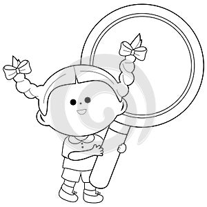 Child with a magnifying glass. Vector black and white coloring page