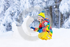 Child making snowman. Kids play in snow in winter