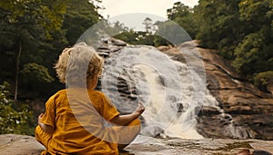 Toddler Meditating by Waterfall