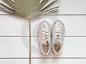 Child metallic silver sneakers and natural dried palm leaf fan on white wood board background texture with copy space