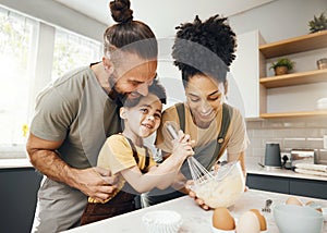 Child, mom and dad baking in kitchen, teaching and learning with happy support, development and breakfast. Smile