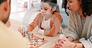 Child, mother and family playing chess at home while teaching or learning board game. Latino woman and girl kid at table