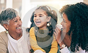 Child, mother and grandma laughing in a family home with happiness, love and support. Girl kid, mature woman and parent