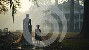 Child and Mother haunting ghostly silhouetted figures walking in front of a foggy Southern Plantation antebellum mansion o