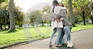 Child, mother and running for a hug at a park outdoor in nature for happiness, adventure or fun play. Woman and kid