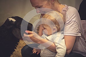 Child with mother stroking a animal at the petting zoo