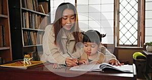 Child, mother and teaching education for home school or drawing in Japanese, learning or development. Female person