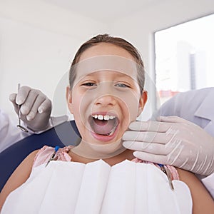 Child, mouth and portrait for dentist consultation for teeth examination for healthy oral care, whitening or cleaning