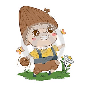 A child with a mushroom hat walks cheerfully with a basket in a clearing. Fairytale cartoon cheerful character