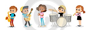 Child music band. Children playing music.Cartoon kids playing musical instruments