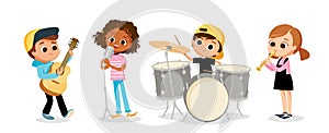 Child music band. Children playing music.Cartoon kids playing musical instruments