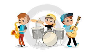 Child music band. Children playing music.Cartoon kids playing musical instruments