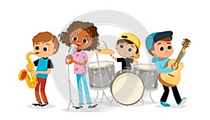 Child music band. Children playing music and singing.