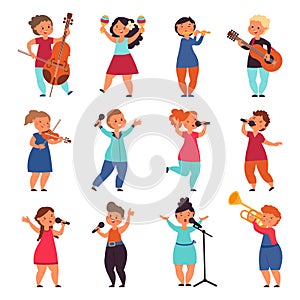 Child musicians. Children play instruments, music kids group. Isolated cartoon musical concert characters, talent kid