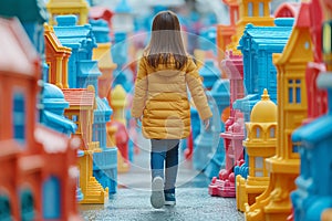 Child navigating a maze of toy houses