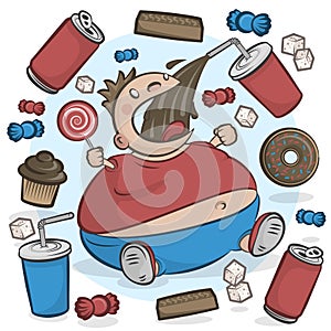 Child Obesity Graphic. Fat Kid Eating Sugary Treats. photo