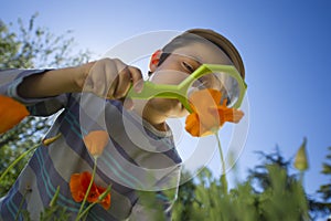 Child observing nature with a magnifying glass