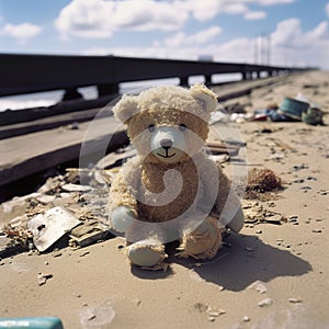 Child old toy stuffed animal in beach gutter. Alone teddy bear outdoor