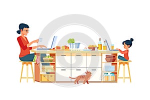 Child online education, while his mother is working on a computer on kitchen. Business mother with her kid with at a