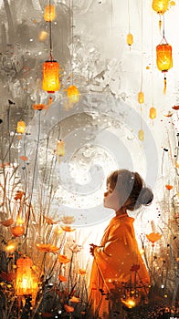 Child in orange robe with floating lanterns, evoking wonder and cultural celebrations. Vesak Day greeting card.