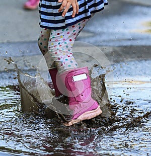 Child outdoor jump into puddle in boot after rain