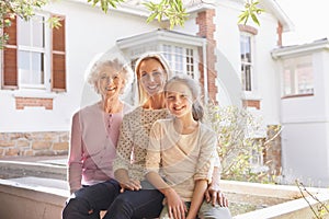 Child, outdoor portrait and happy family grandma, generations and bonding care for mom, kid and grandmother. Smile
